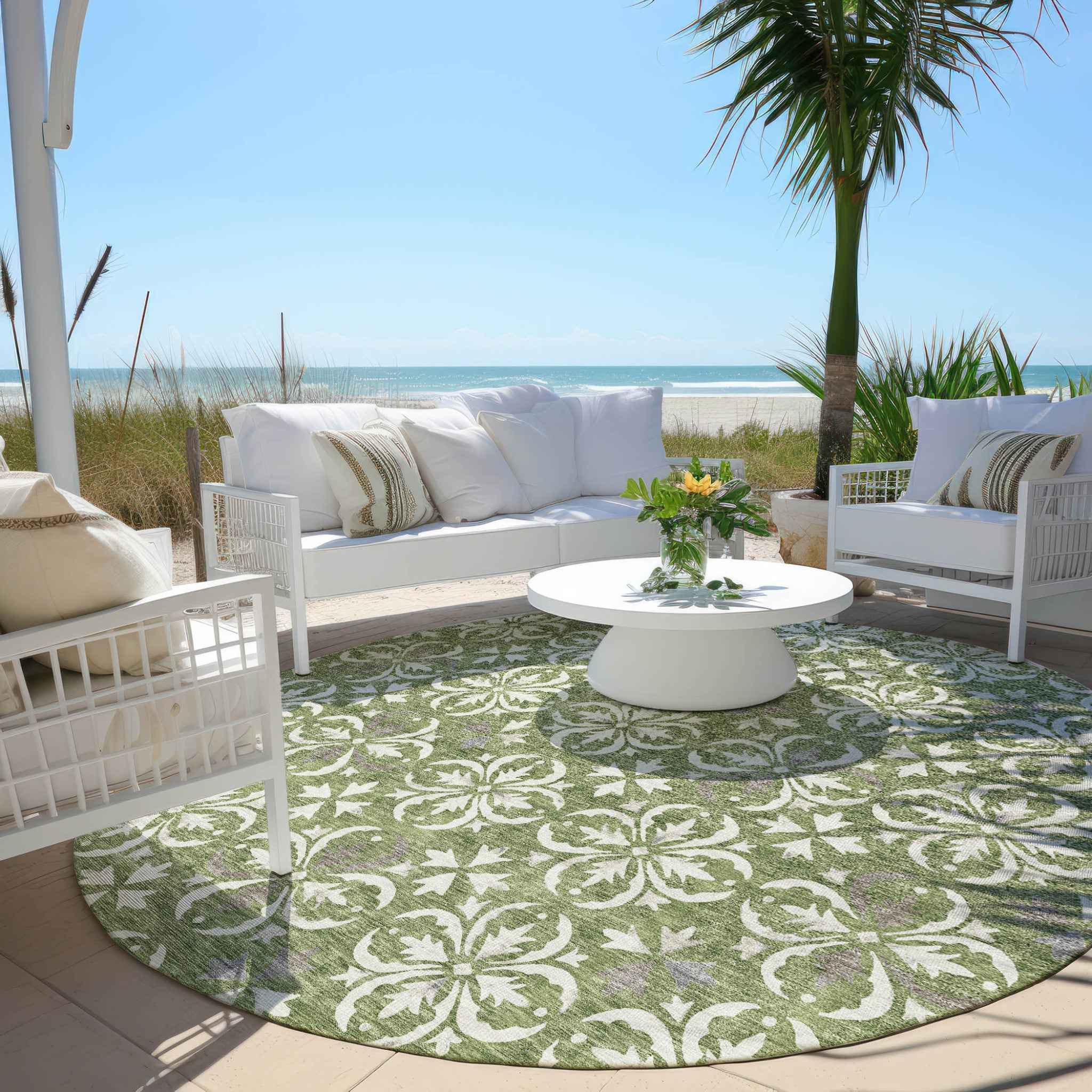 8' Green Gray And Ivory Round Floral Washable Indoor Outdoor Area Rug