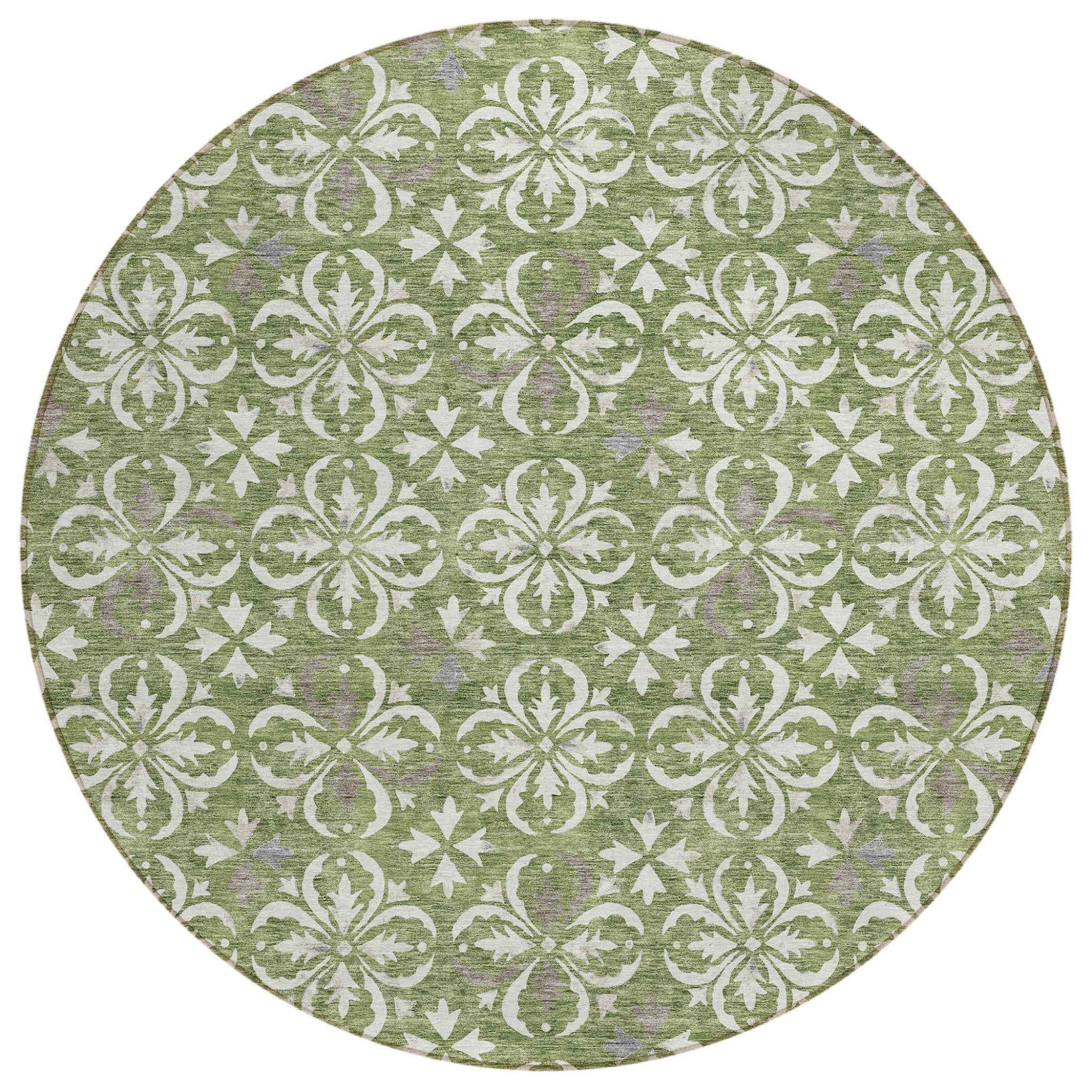8' Green Gray And Ivory Round Floral Washable Indoor Outdoor Area Rug