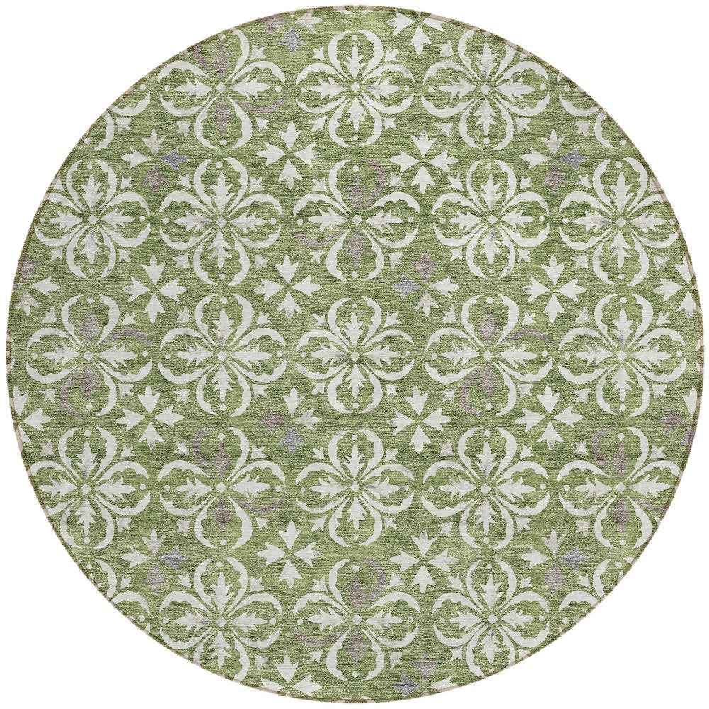 8' Green Gray And Ivory Round Floral Washable Indoor Outdoor Area Rug