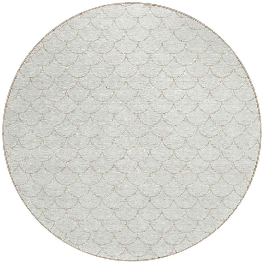 8' Ivory And Beige Round Geometric Washable Indoor Outdoor Area Rug