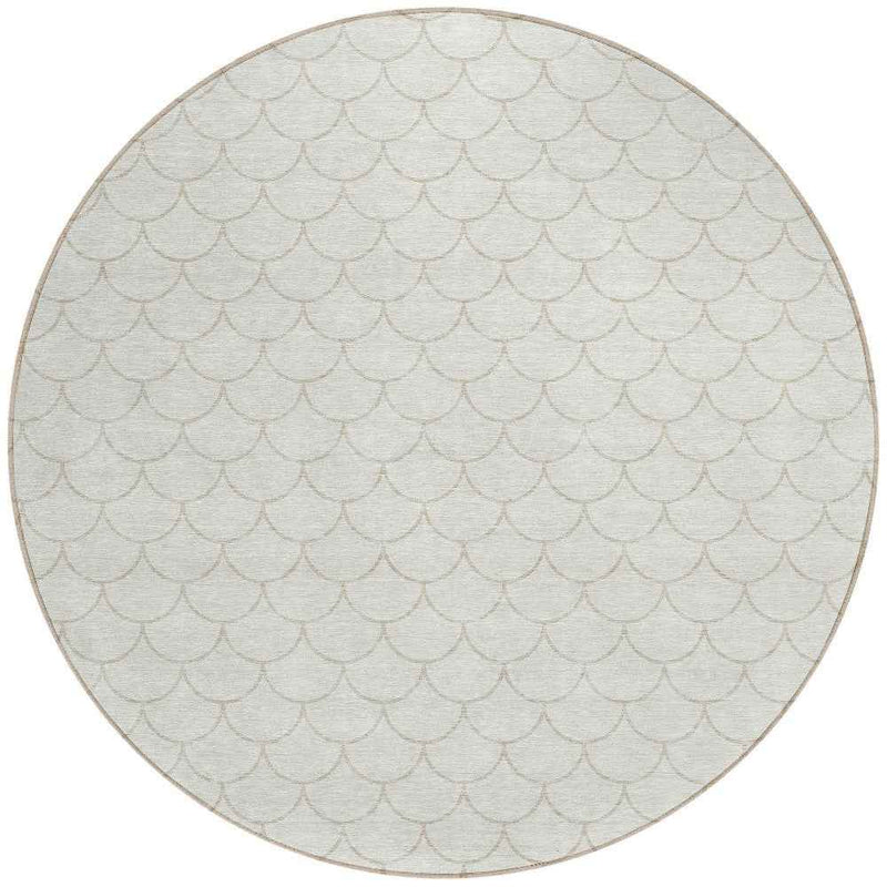 8' Ivory And Beige Round Geometric Washable Indoor Outdoor Area Rug
