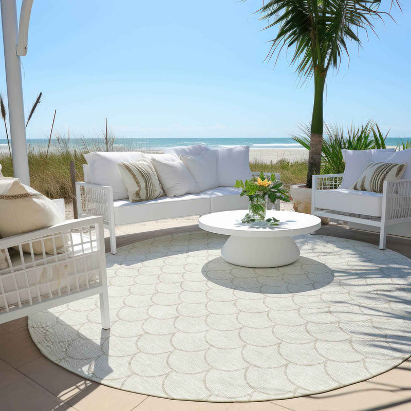 8' Ivory And Beige Round Geometric Washable Indoor Outdoor Area Rug