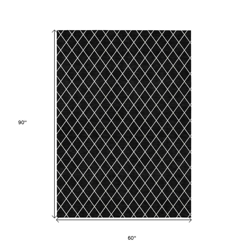 5' X 8' Black And Ivory Geometric Washable Indoor Outdoor Area Rug