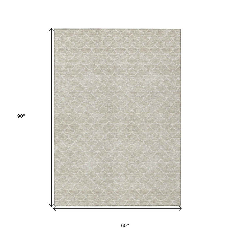 5' X 8' Beige And Ivory Geometric Washable Indoor Outdoor Area Rug