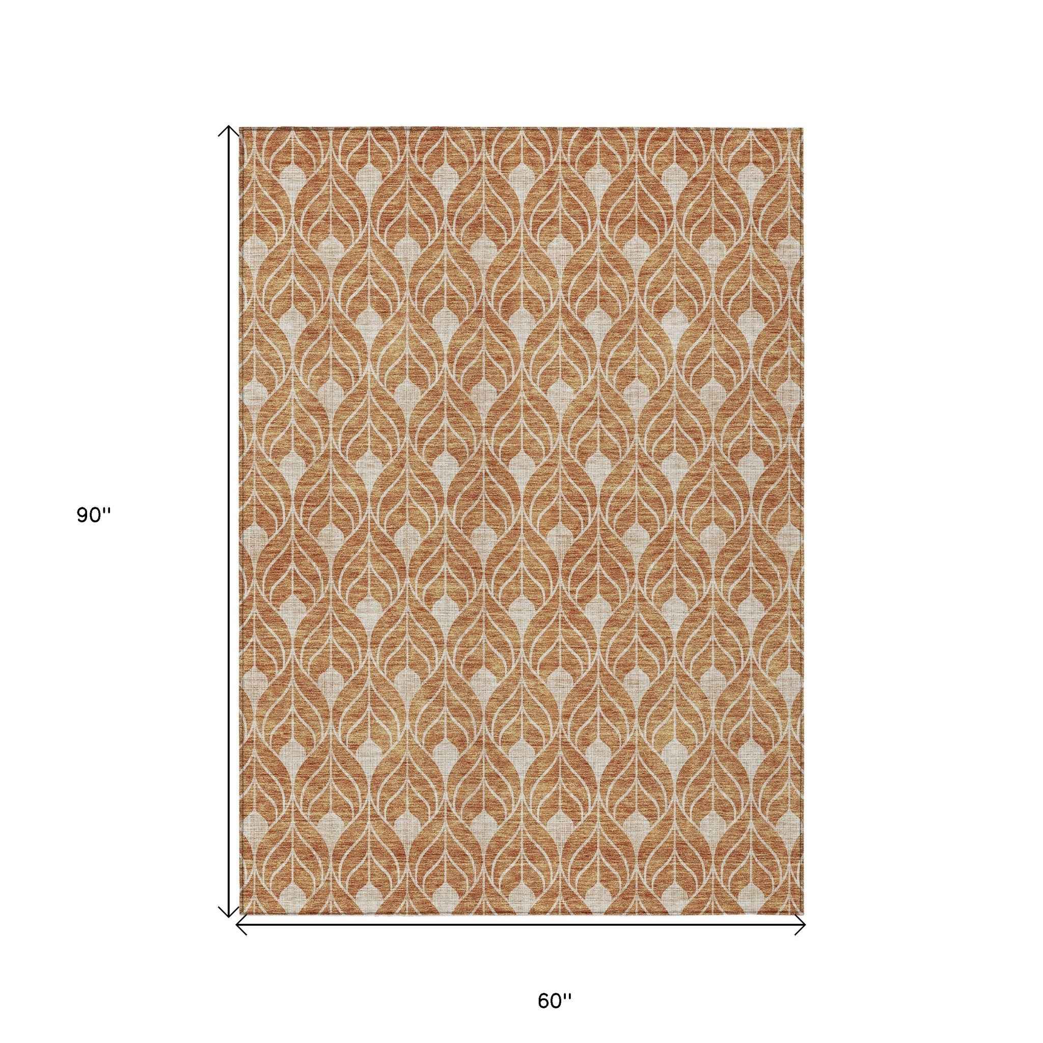 5' X 8' Copper And Beige Geometric Washable Indoor Outdoor Area Rug