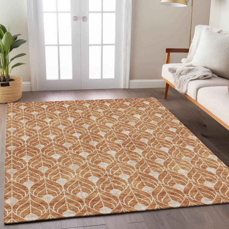 5' X 8' Copper And Beige Geometric Washable Indoor Outdoor Area Rug