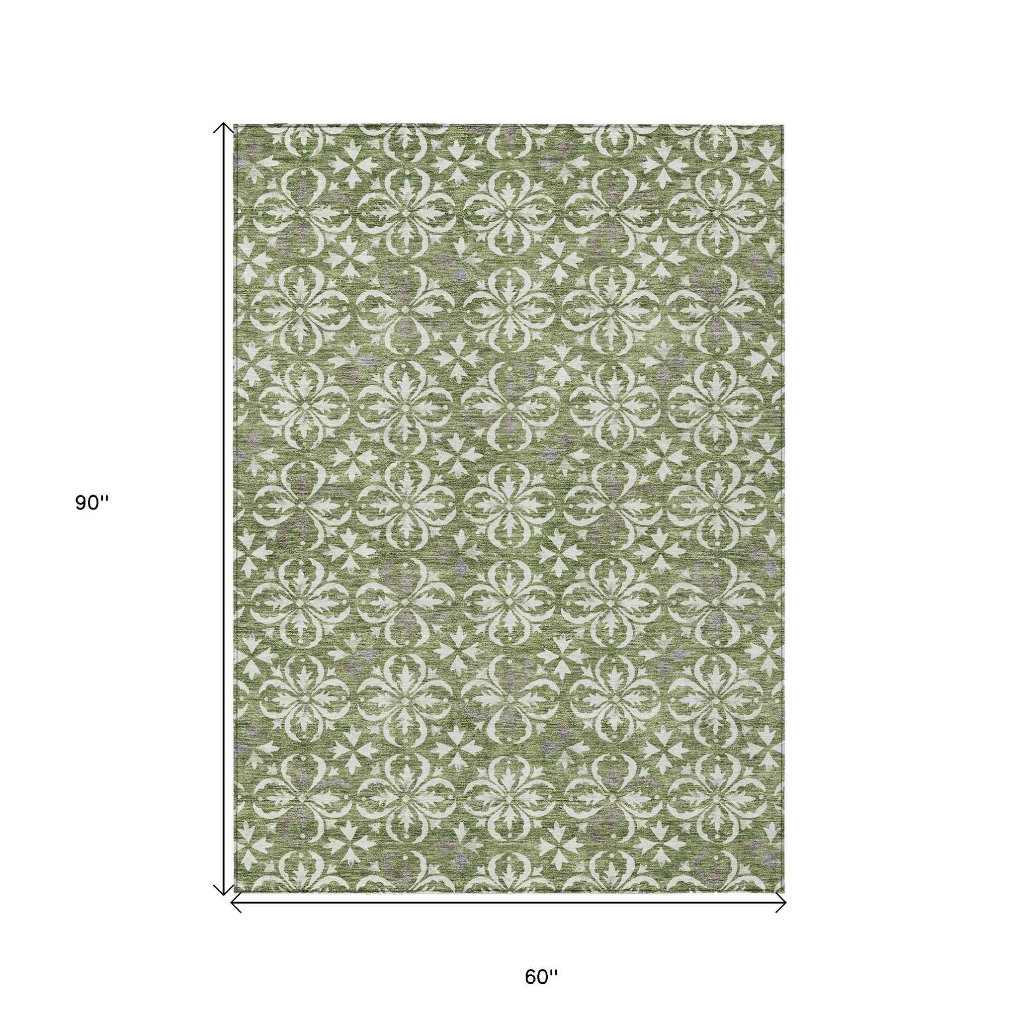 5' X 8' Green Gray And Ivory Floral Washable Indoor Outdoor Area Rug