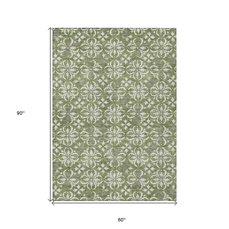 5' X 8' Green Gray And Ivory Floral Washable Indoor Outdoor Area Rug