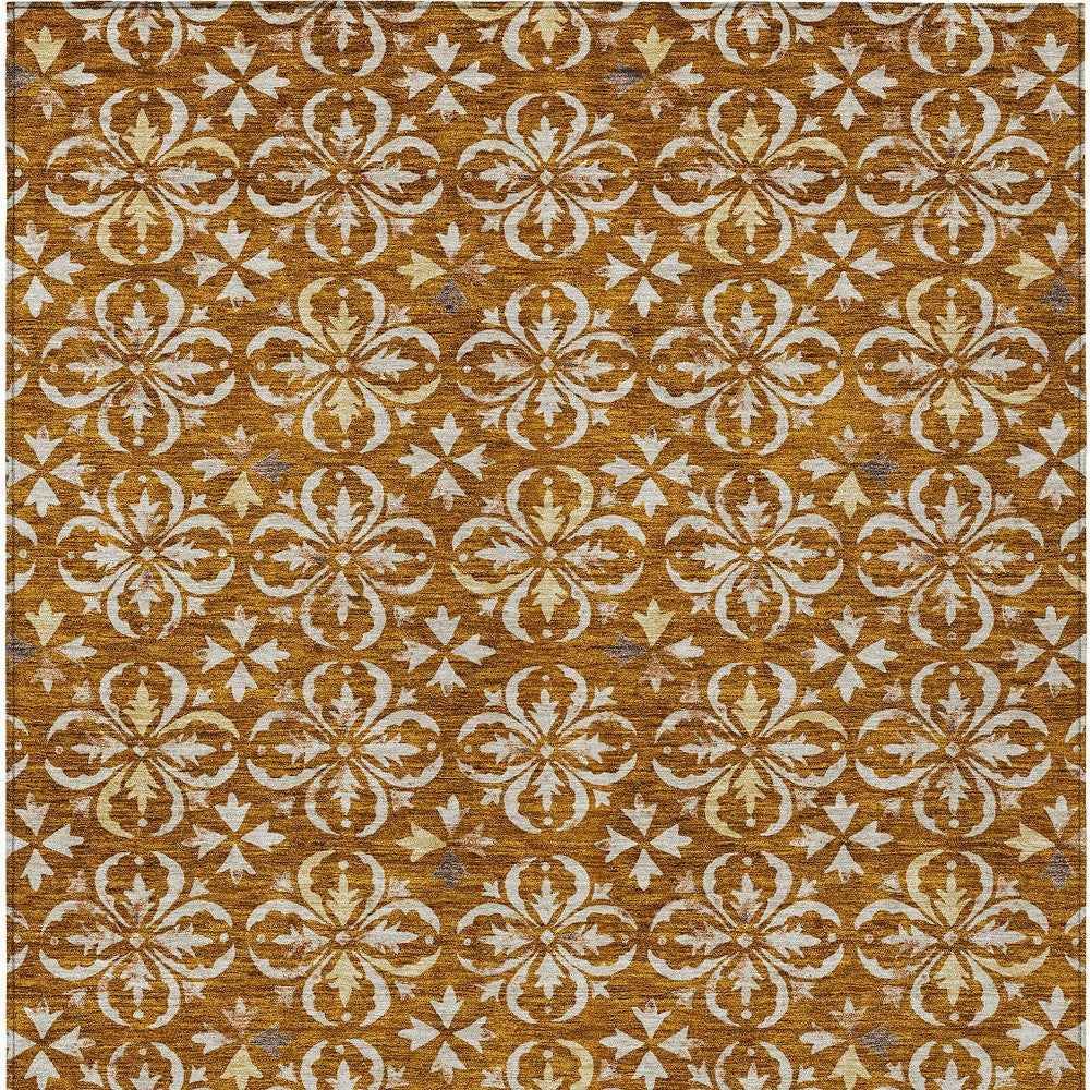10' X 14' Copper And Beige Floral Washable Indoor Outdoor Area Rug