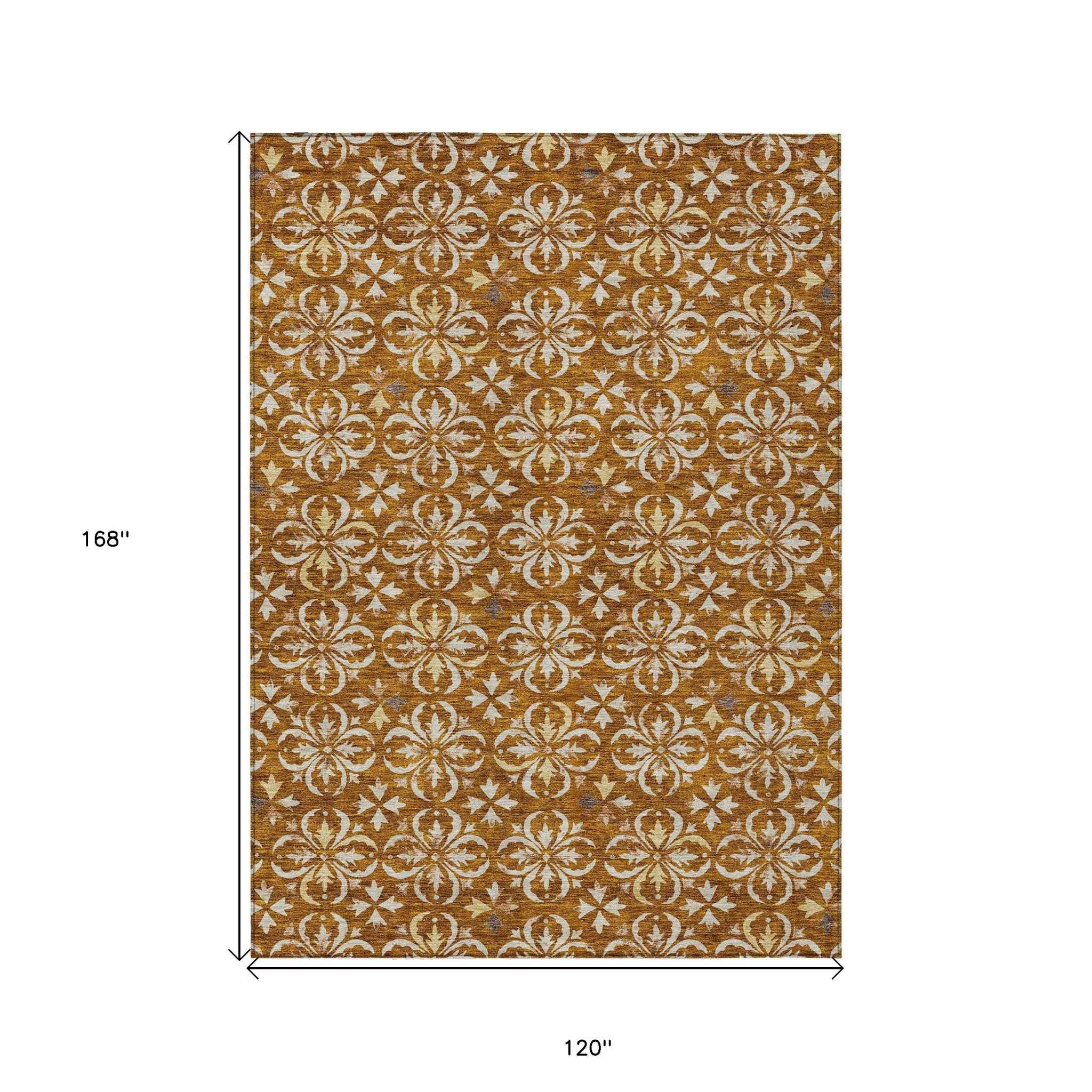 10' X 14' Copper And Beige Floral Washable Indoor Outdoor Area Rug
