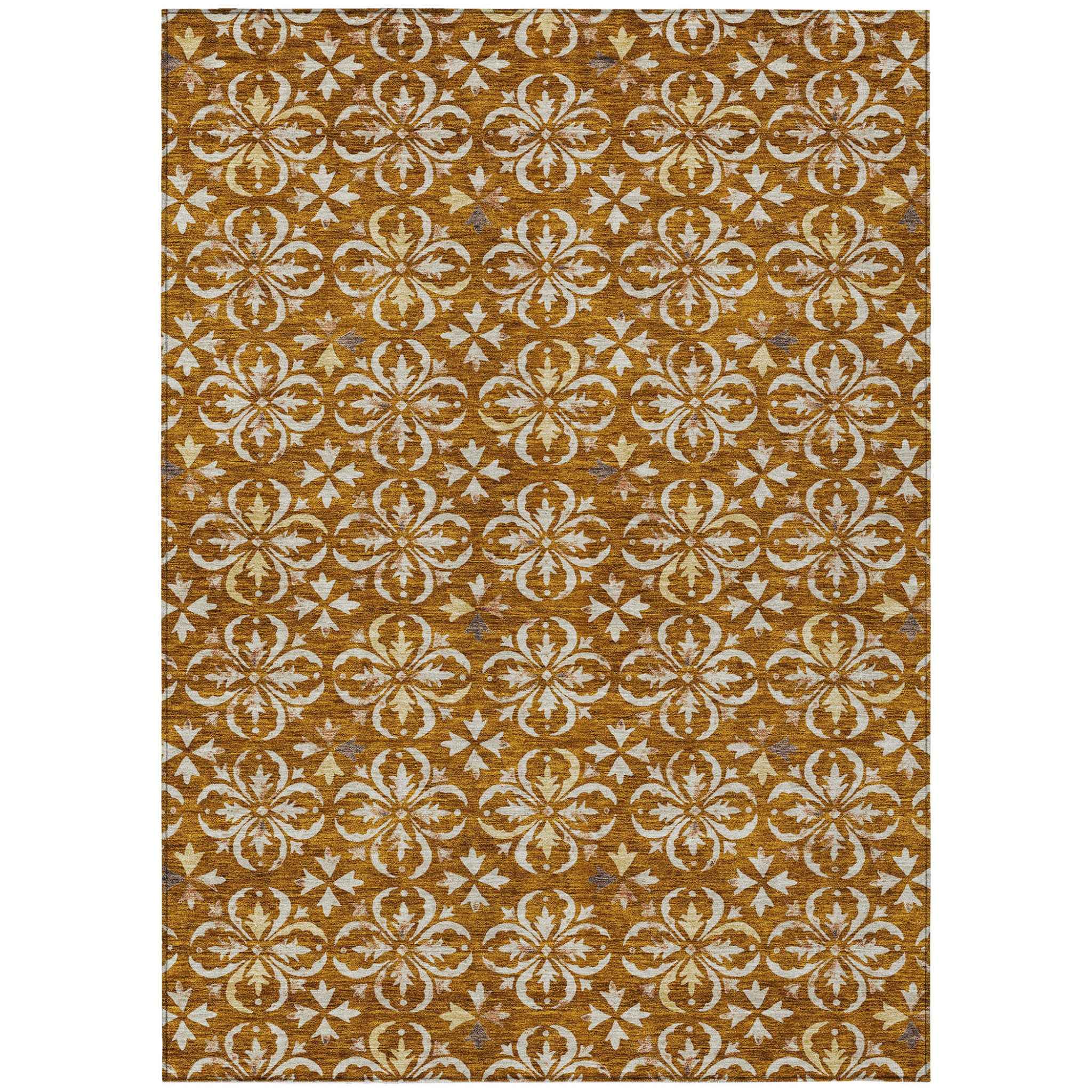 10' X 14' Copper And Beige Floral Washable Indoor Outdoor Area Rug