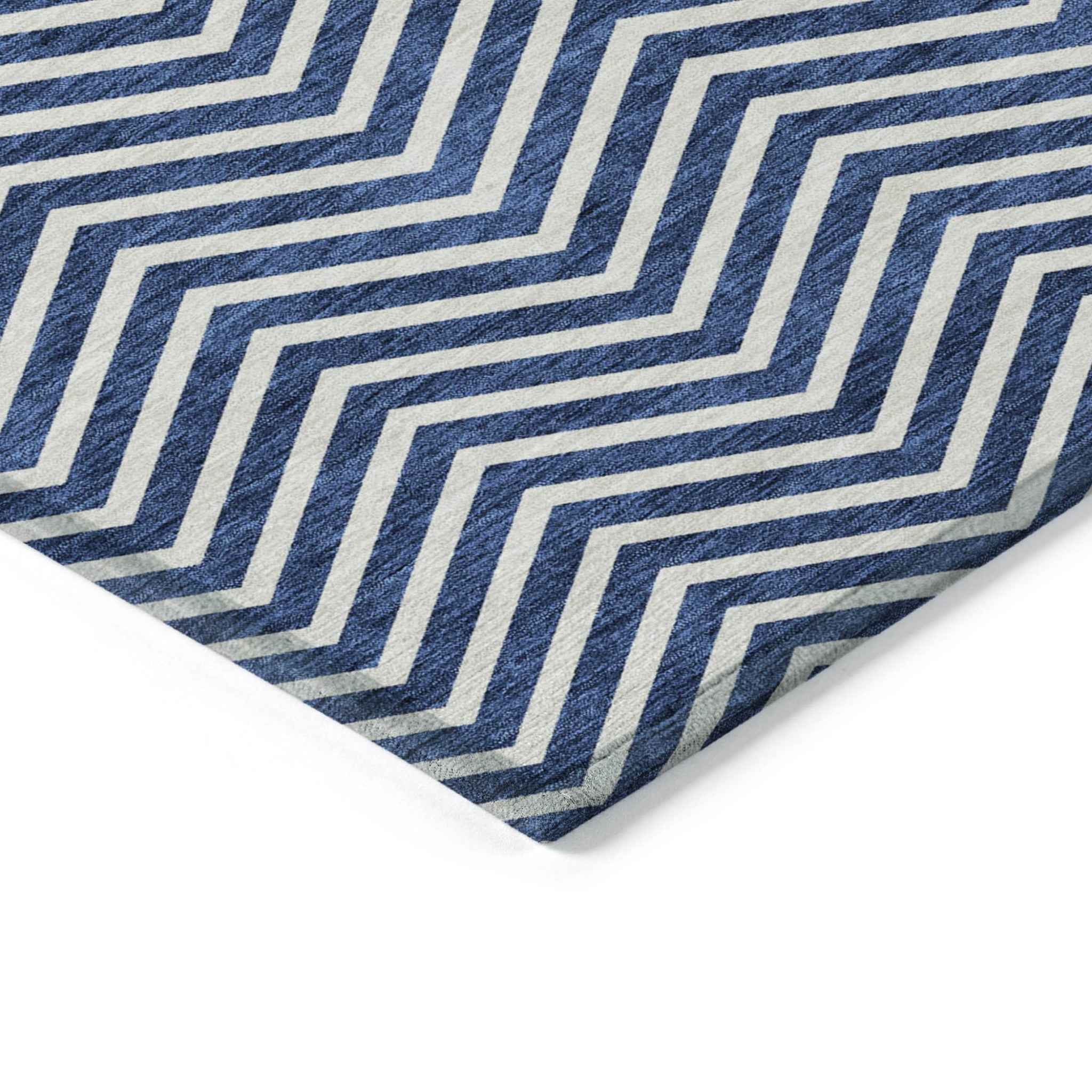 9' X 12' Blue And Ivory Chevron Washable Indoor Outdoor Area Rug