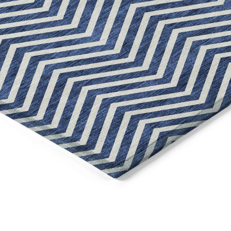 9' X 12' Blue And Ivory Chevron Washable Indoor Outdoor Area Rug