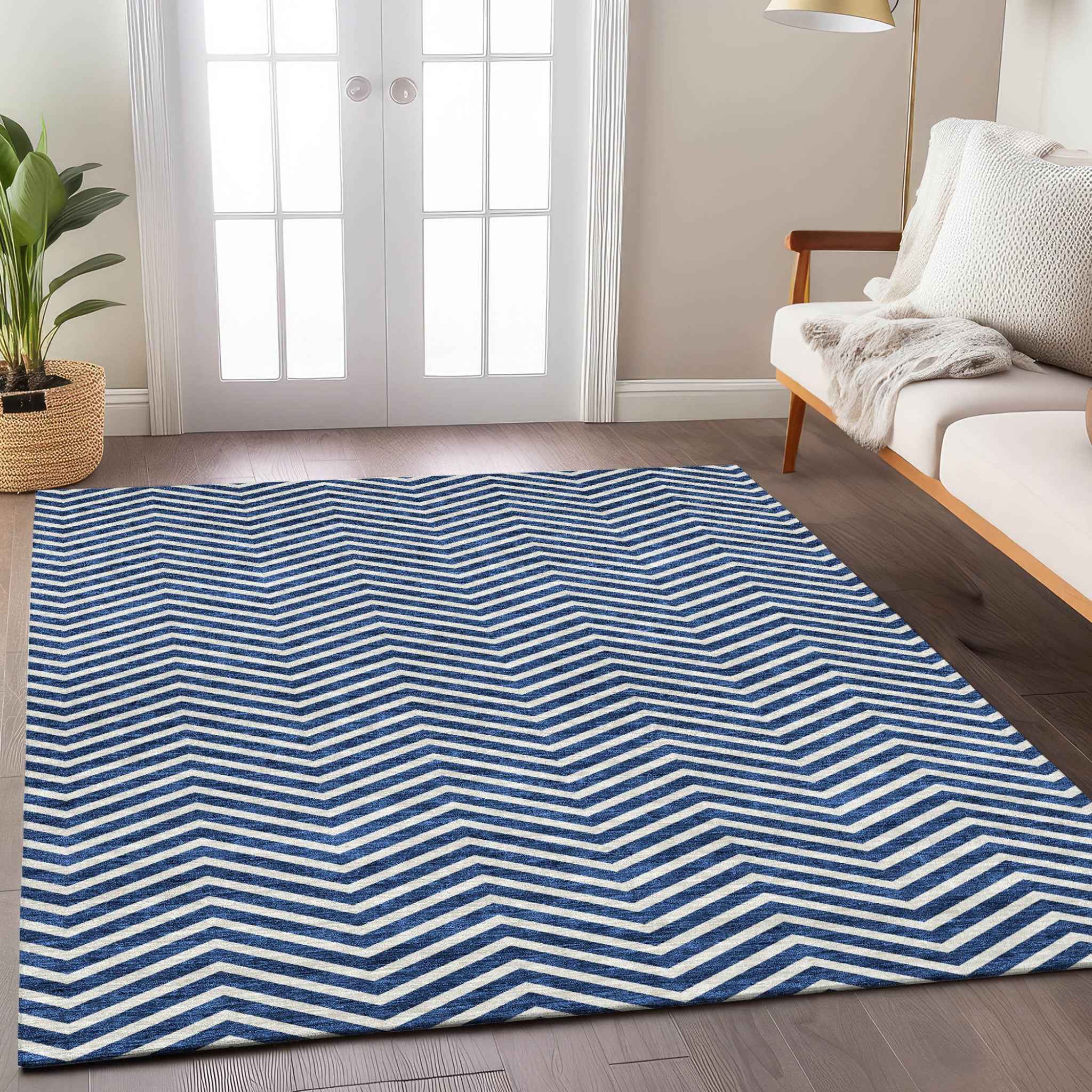 9' X 12' Blue And Ivory Chevron Washable Indoor Outdoor Area Rug