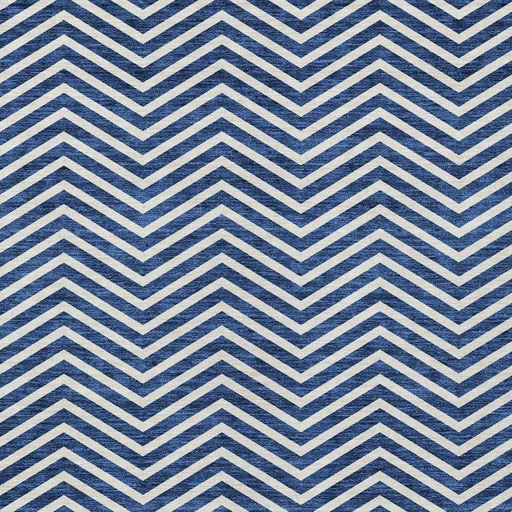 9' X 12' Blue And Ivory Chevron Washable Indoor Outdoor Area Rug