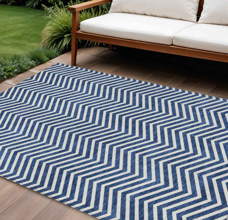 9' X 12' Blue And Ivory Chevron Washable Indoor Outdoor Area Rug