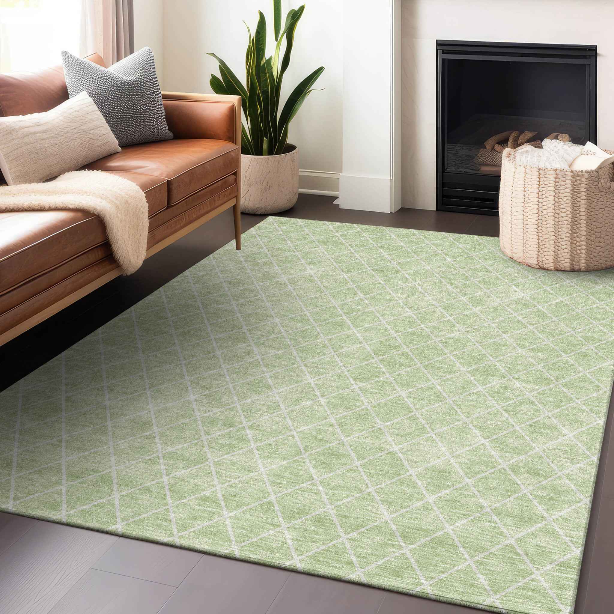 9' X 12' Mint Green And Ivory Geometric Washable Indoor Outdoor Area Rug