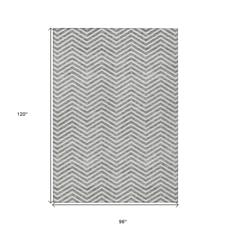 8' X 10' Gray And Ivory Chevron Washable Indoor Outdoor Area Rug