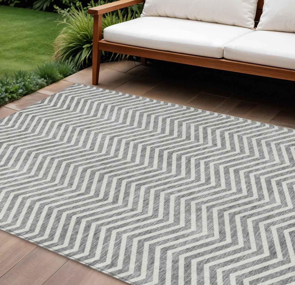 8' X 10' Gray And Ivory Chevron Washable Indoor Outdoor Area Rug