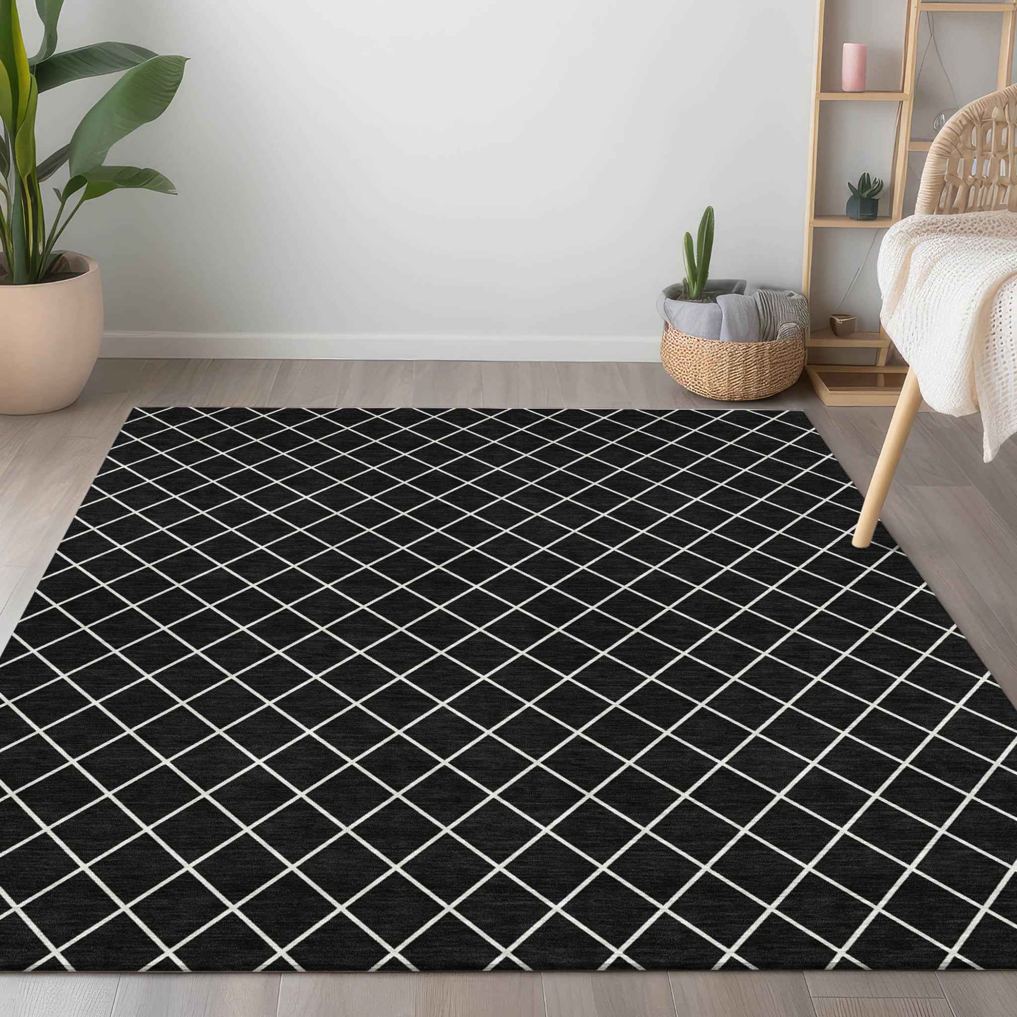8' X 10' Black And Ivory Geometric Washable Indoor Outdoor Area Rug