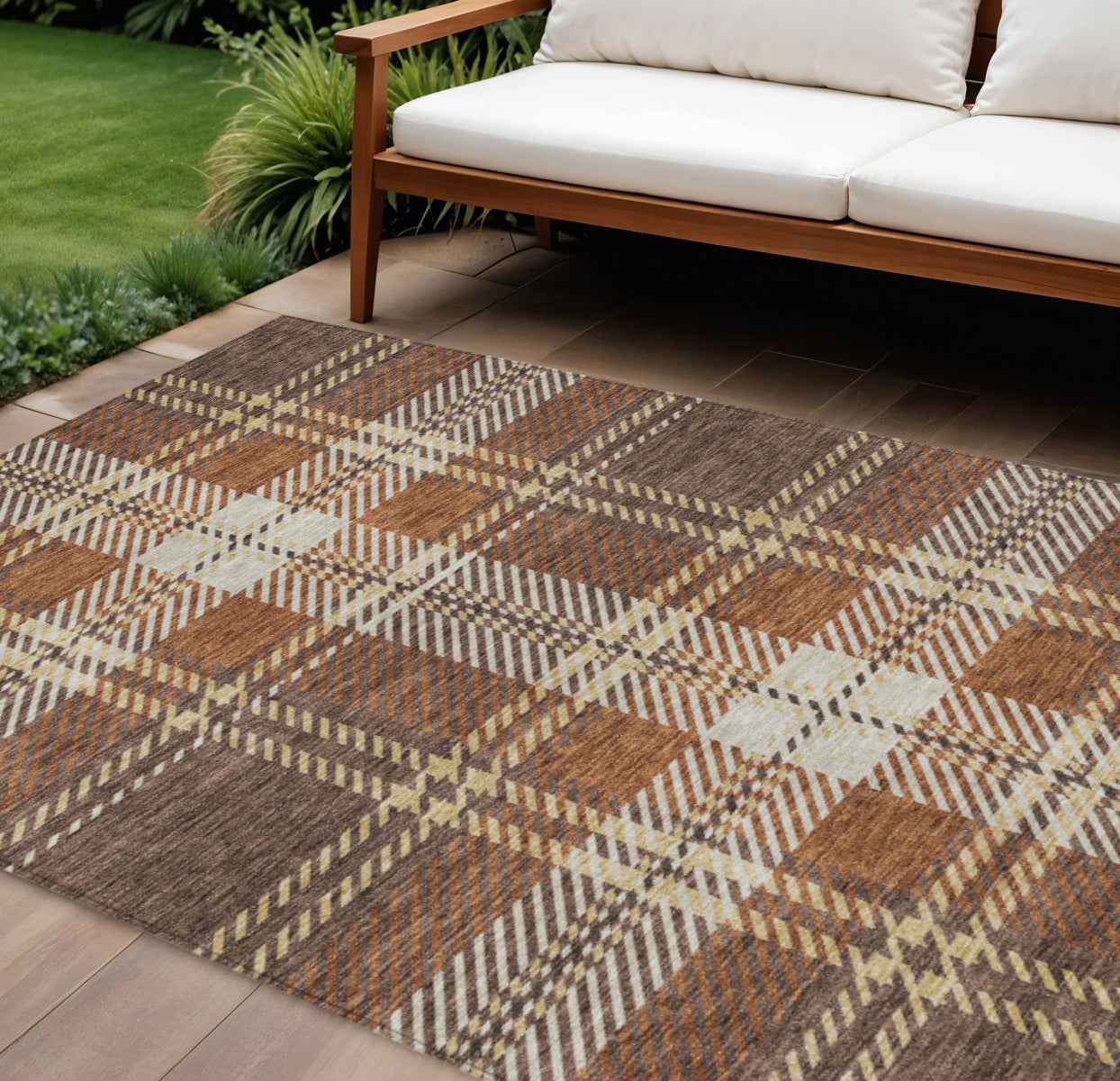 10' X 14' Chocolate Copper And Gold Plaid Washable Indoor Outdoor Area Rug