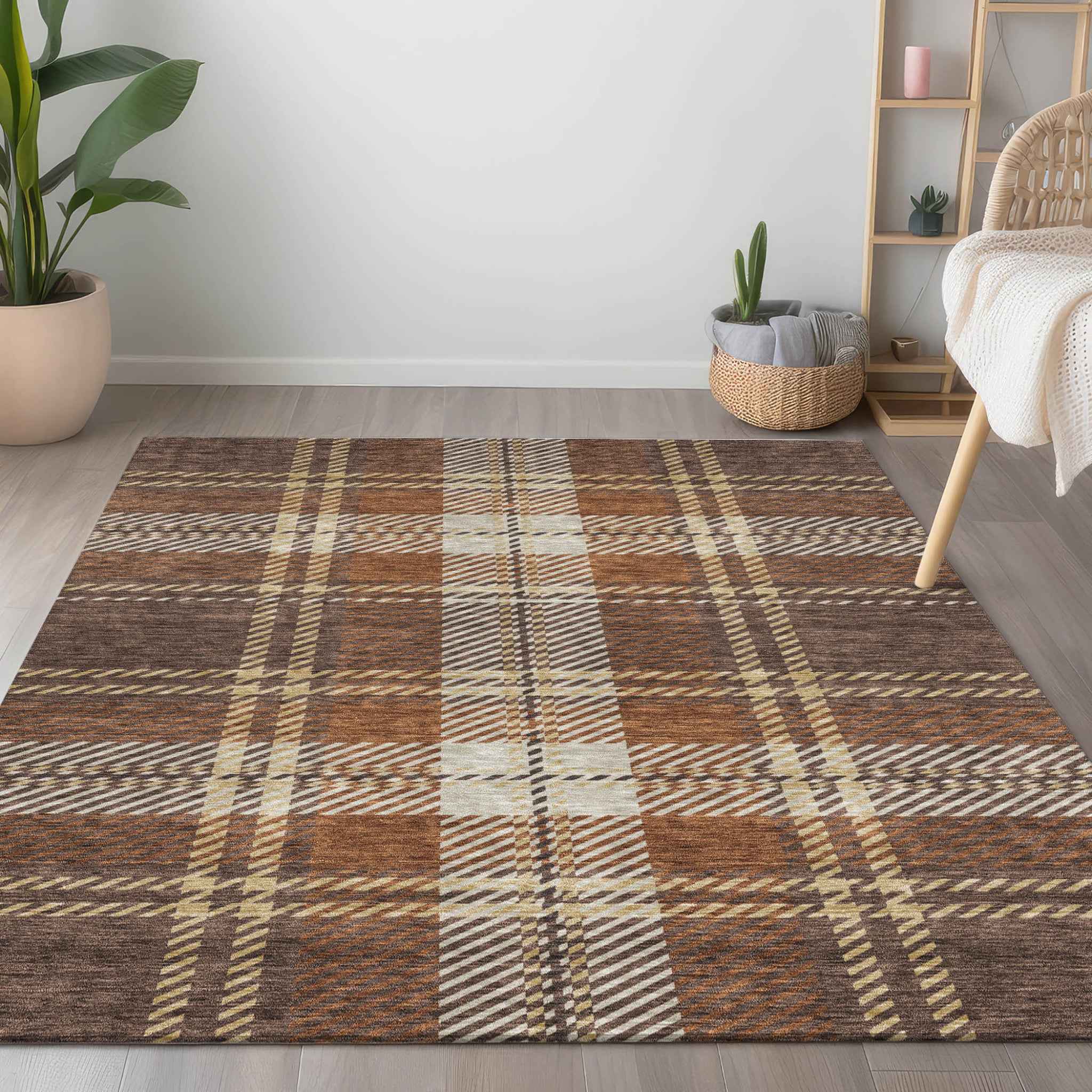 10' X 14' Chocolate Copper And Gold Plaid Washable Indoor Outdoor Area Rug