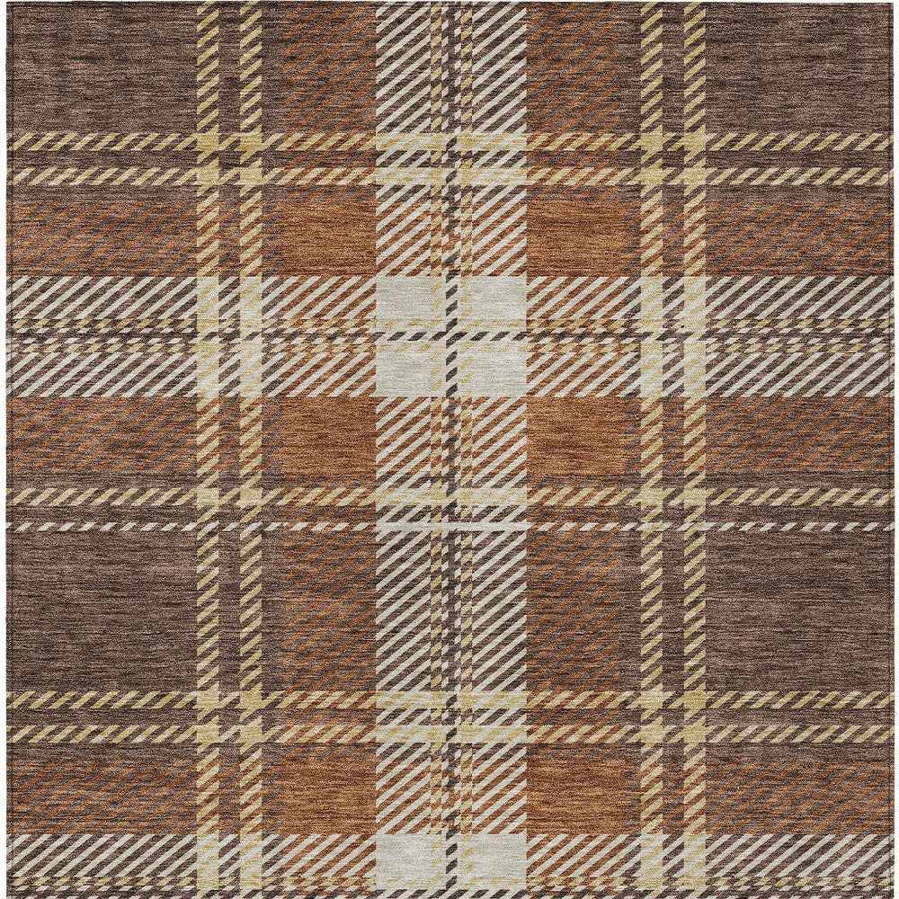 10' X 14' Chocolate Copper And Gold Plaid Washable Indoor Outdoor Area Rug
