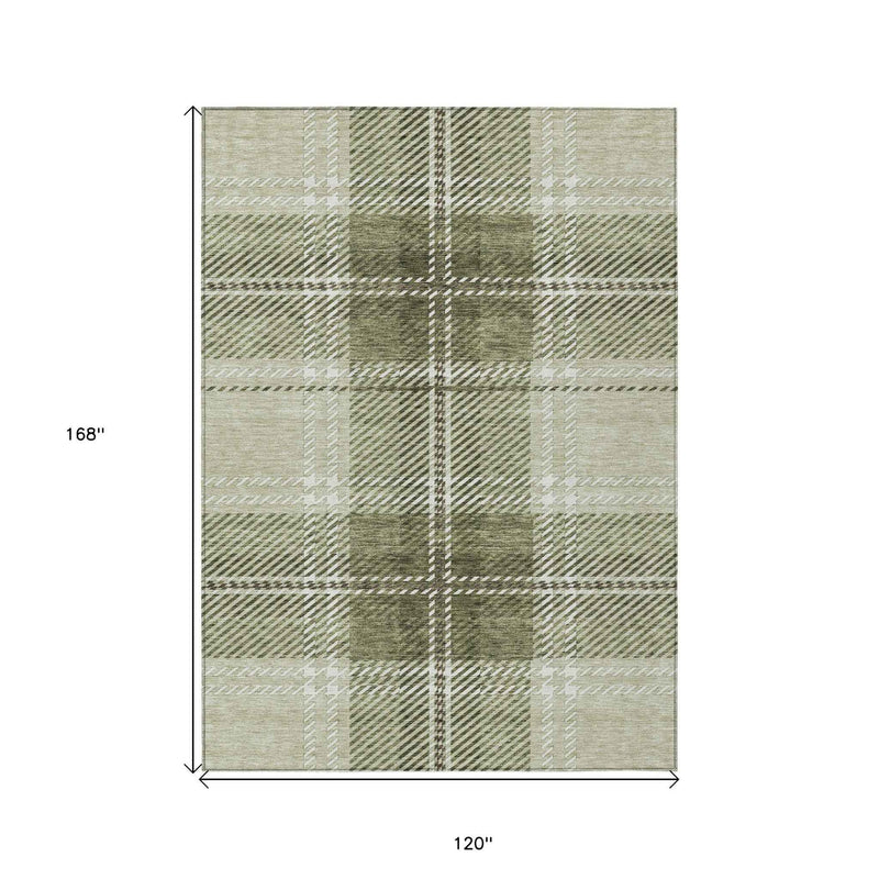 10' X 14' Artichoke Green Brown And Ivory Plaid Washable Indoor Outdoor Area Rug
