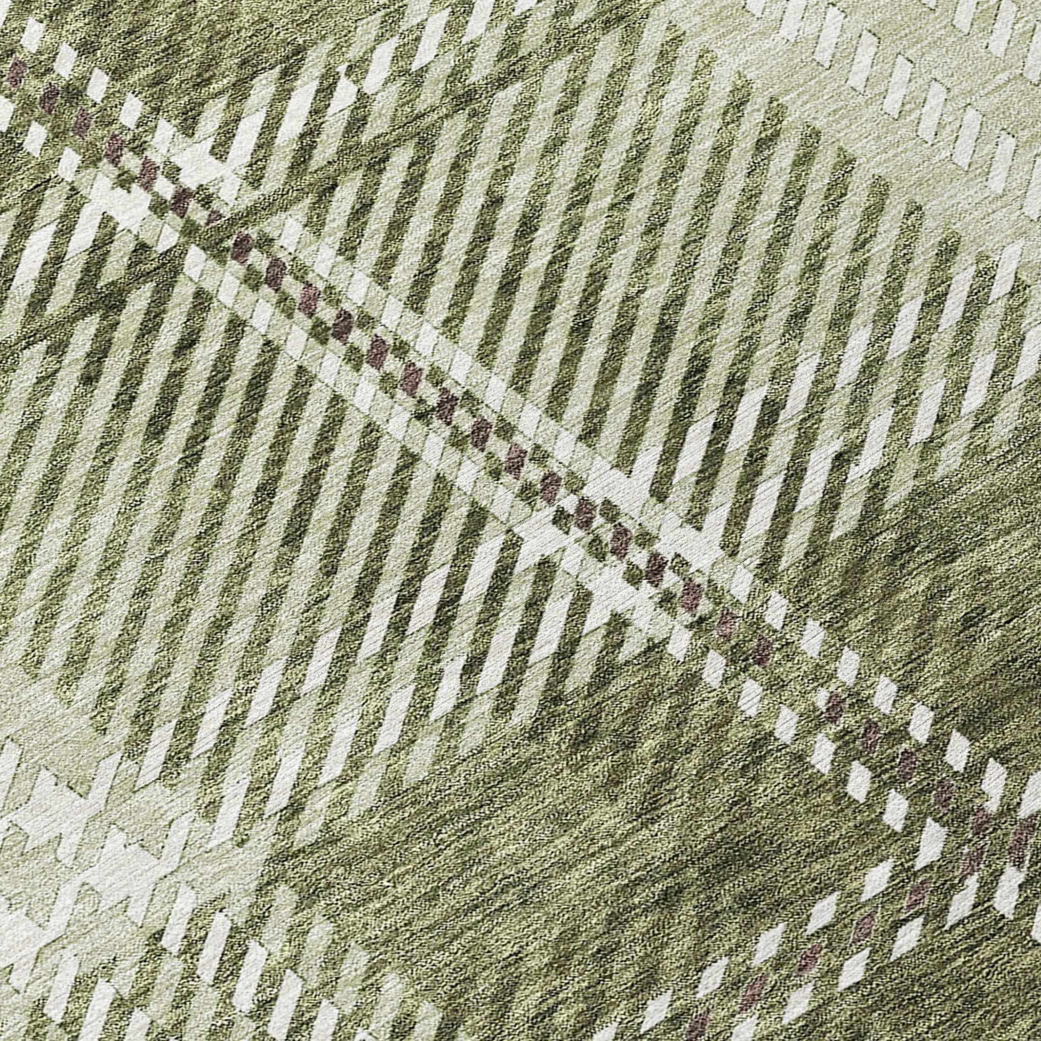 10' X 14' Artichoke Green Brown And Ivory Plaid Washable Indoor Outdoor Area Rug