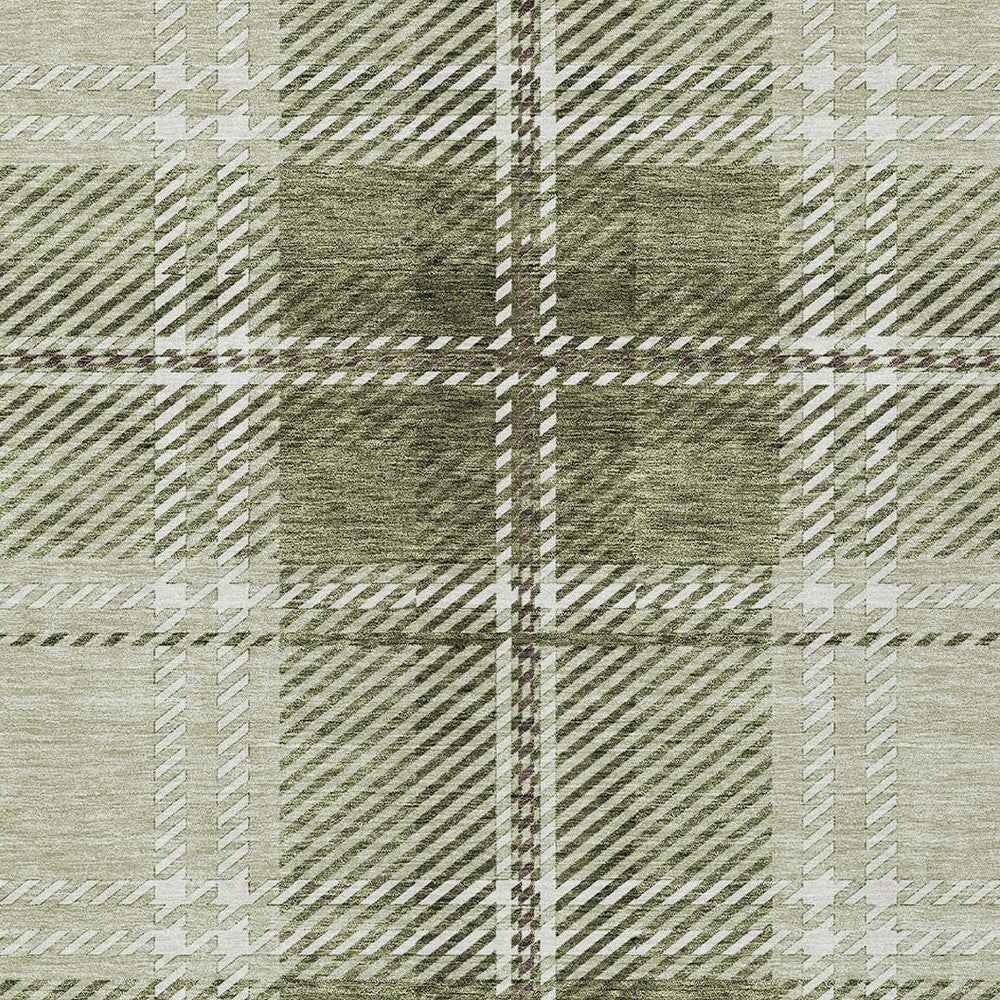 10' X 14' Artichoke Green Brown And Ivory Plaid Washable Indoor Outdoor Area Rug