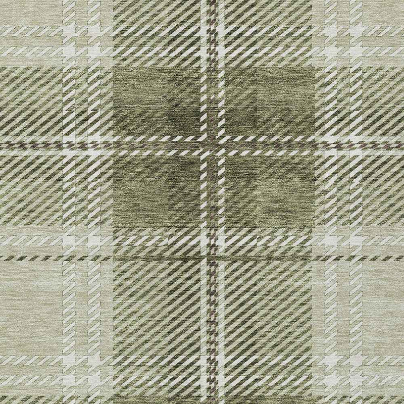10' X 14' Artichoke Green Brown And Ivory Plaid Washable Indoor Outdoor Area Rug