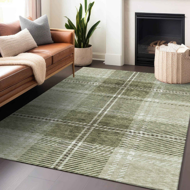 10' X 14' Artichoke Green Brown And Ivory Plaid Washable Indoor Outdoor Area Rug