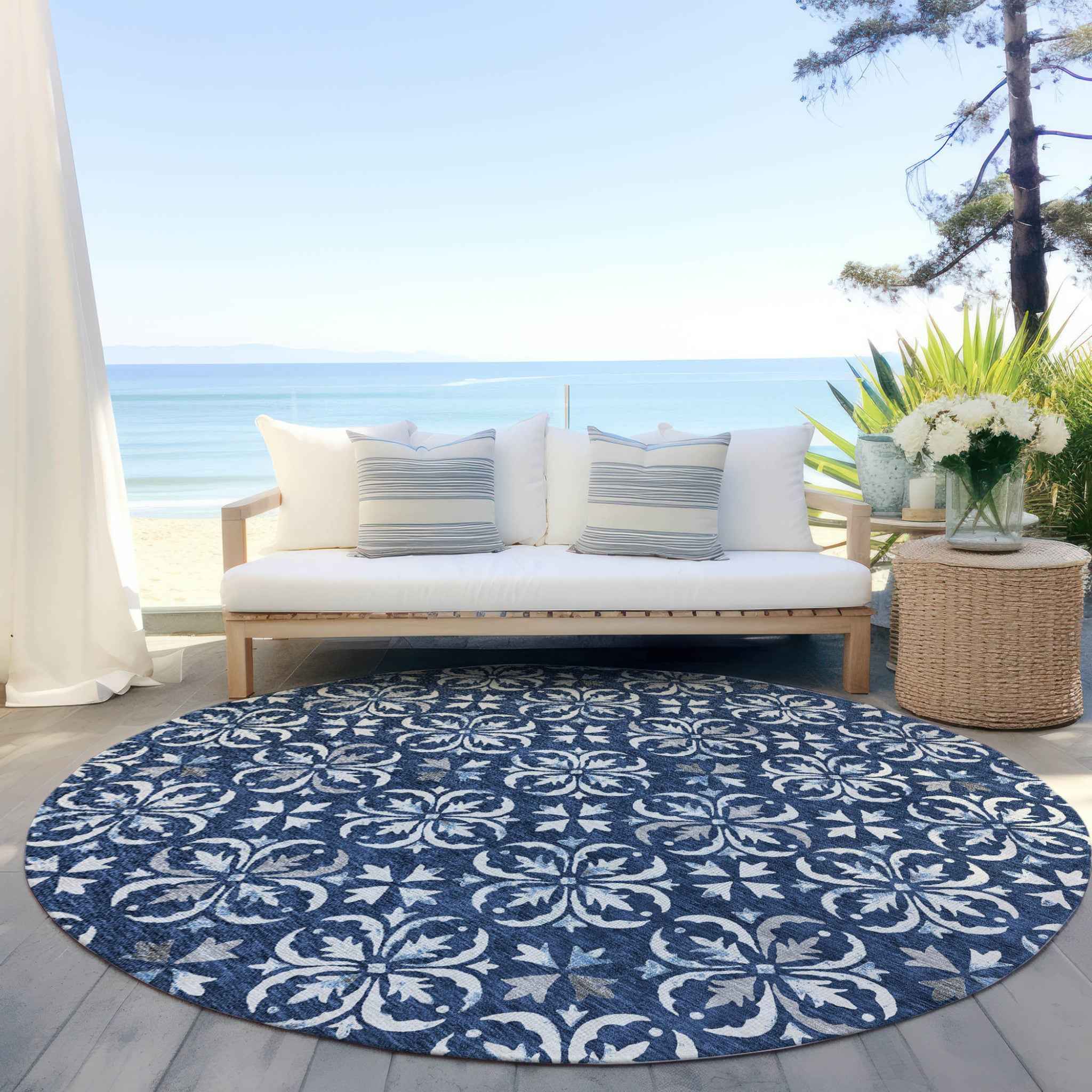 8' Navy Blue And Ivory Round Floral Washable Indoor Outdoor Area Rug