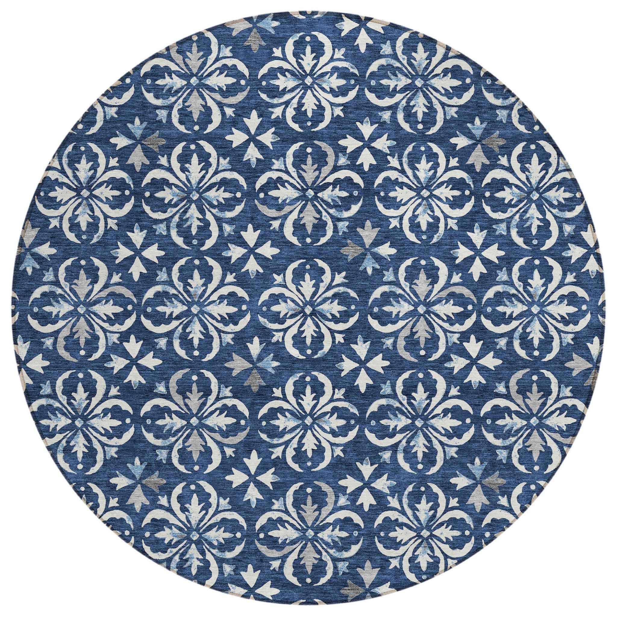 8' Navy Blue And Ivory Round Floral Washable Indoor Outdoor Area Rug