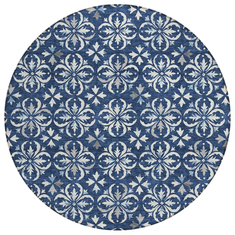 8' Navy Blue And Ivory Round Floral Washable Indoor Outdoor Area Rug