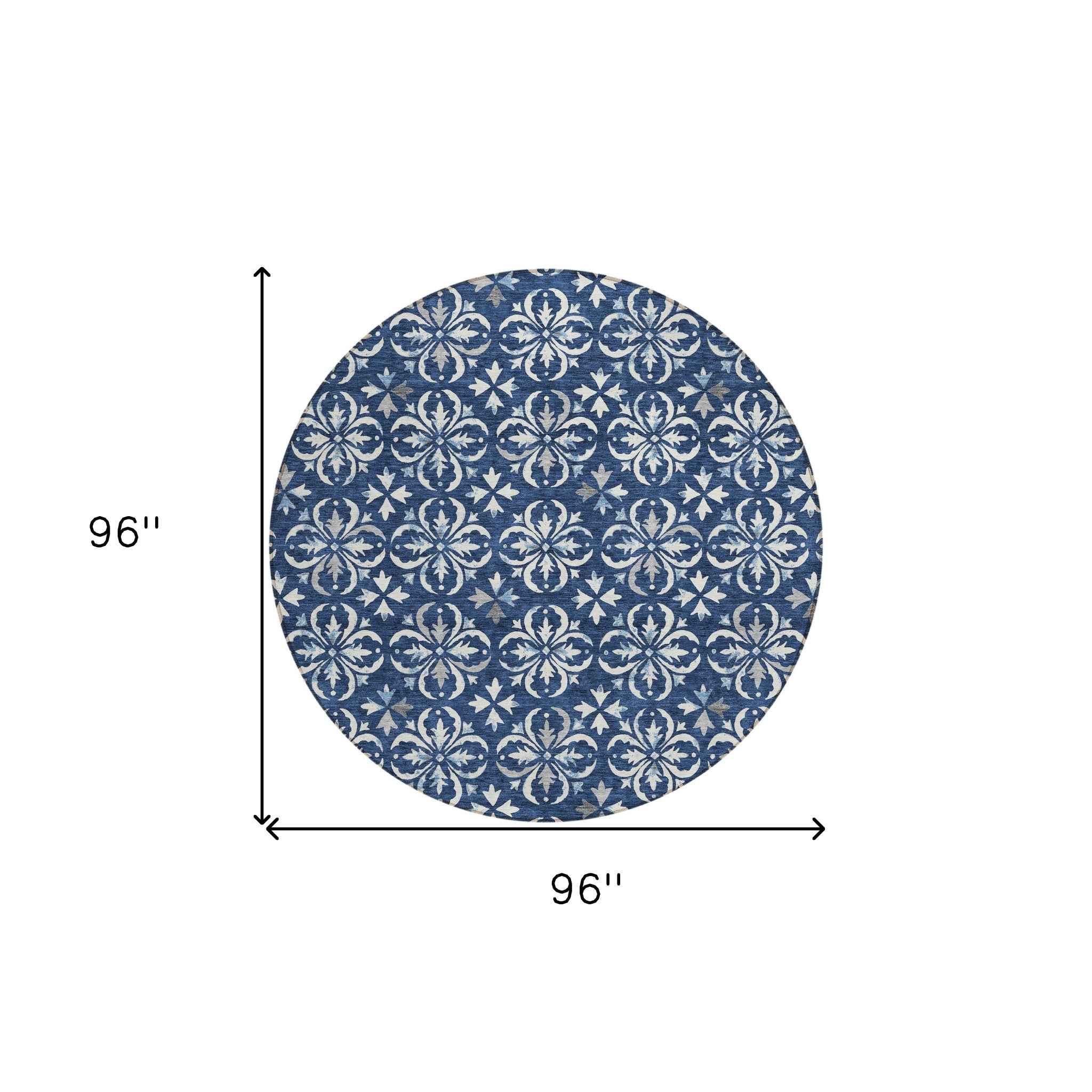 8' Navy Blue And Ivory Round Floral Washable Indoor Outdoor Area Rug