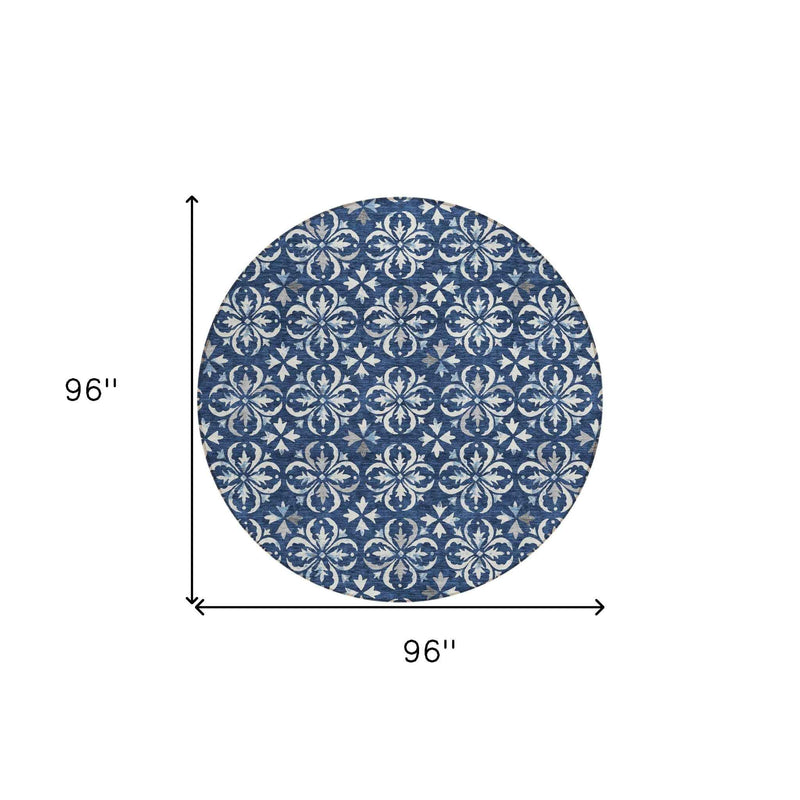 8' Navy Blue And Ivory Round Floral Washable Indoor Outdoor Area Rug