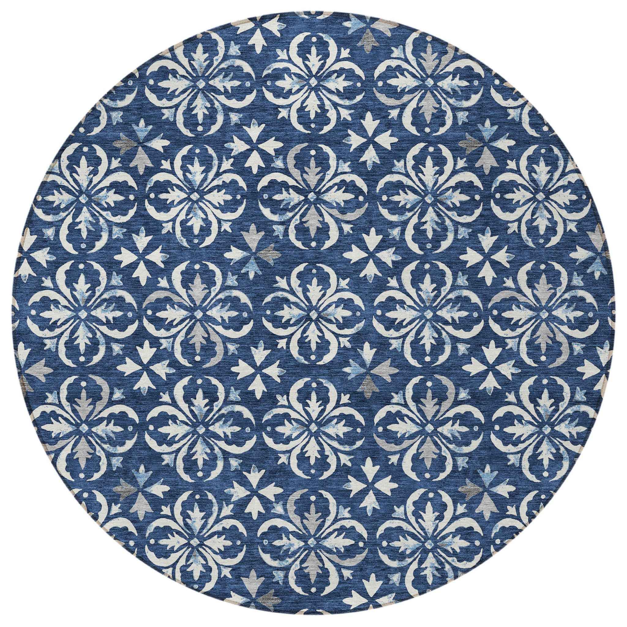 8' Navy Blue And Ivory Round Floral Washable Indoor Outdoor Area Rug