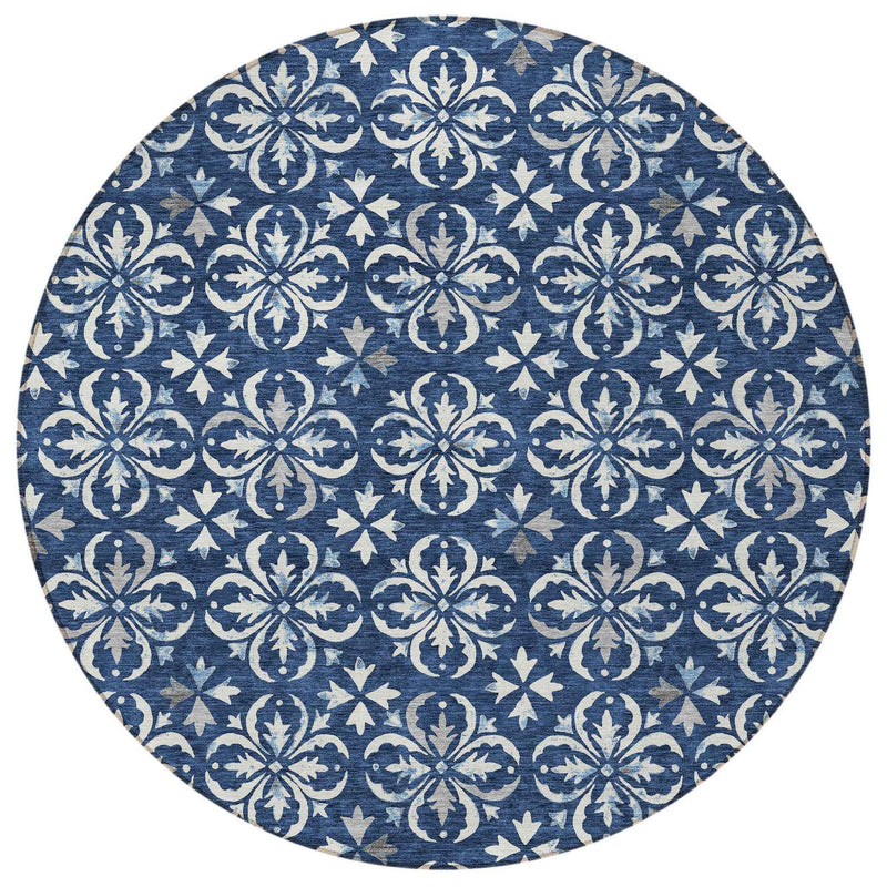 8' Navy Blue And Ivory Round Floral Washable Indoor Outdoor Area Rug