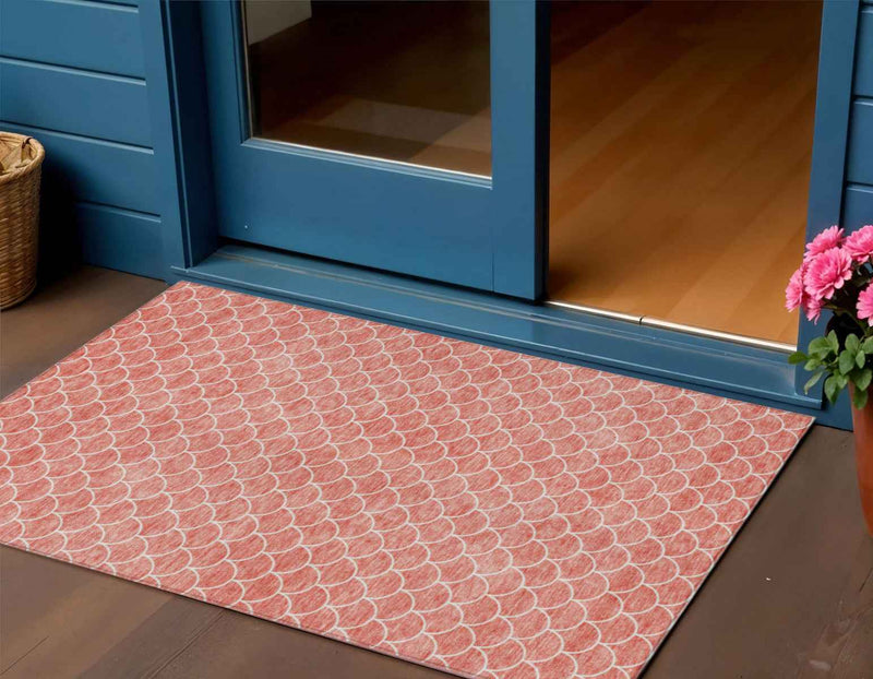 3' X 5' Salmon And Ivory Geometric Washable Indoor Outdoor Area Rug