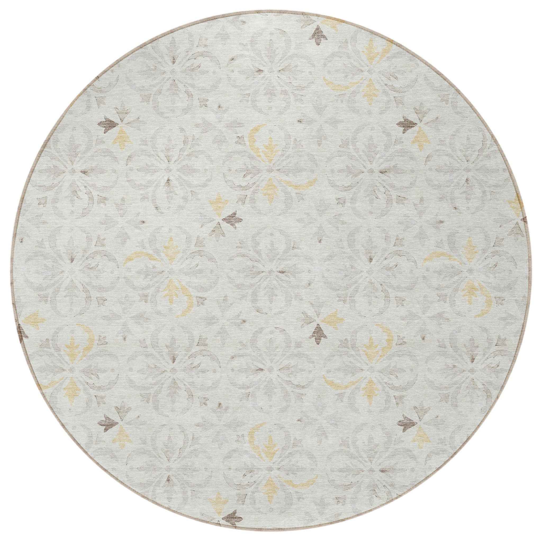 8' Ivory Gray And Gold Round Floral Washable Indoor Outdoor Area Rug