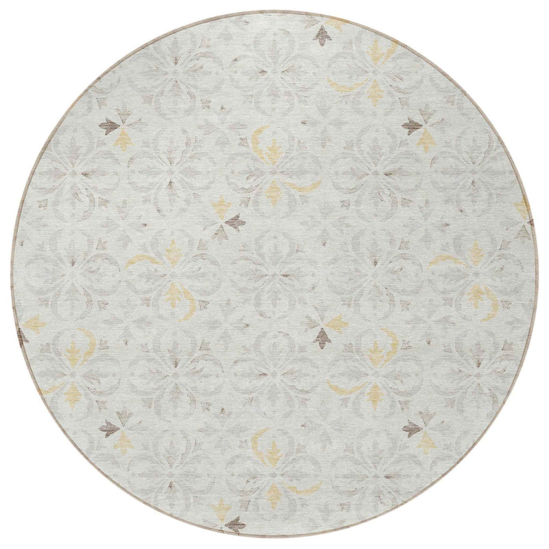 8' Ivory Gray And Gold Round Floral Washable Indoor Outdoor Area Rug