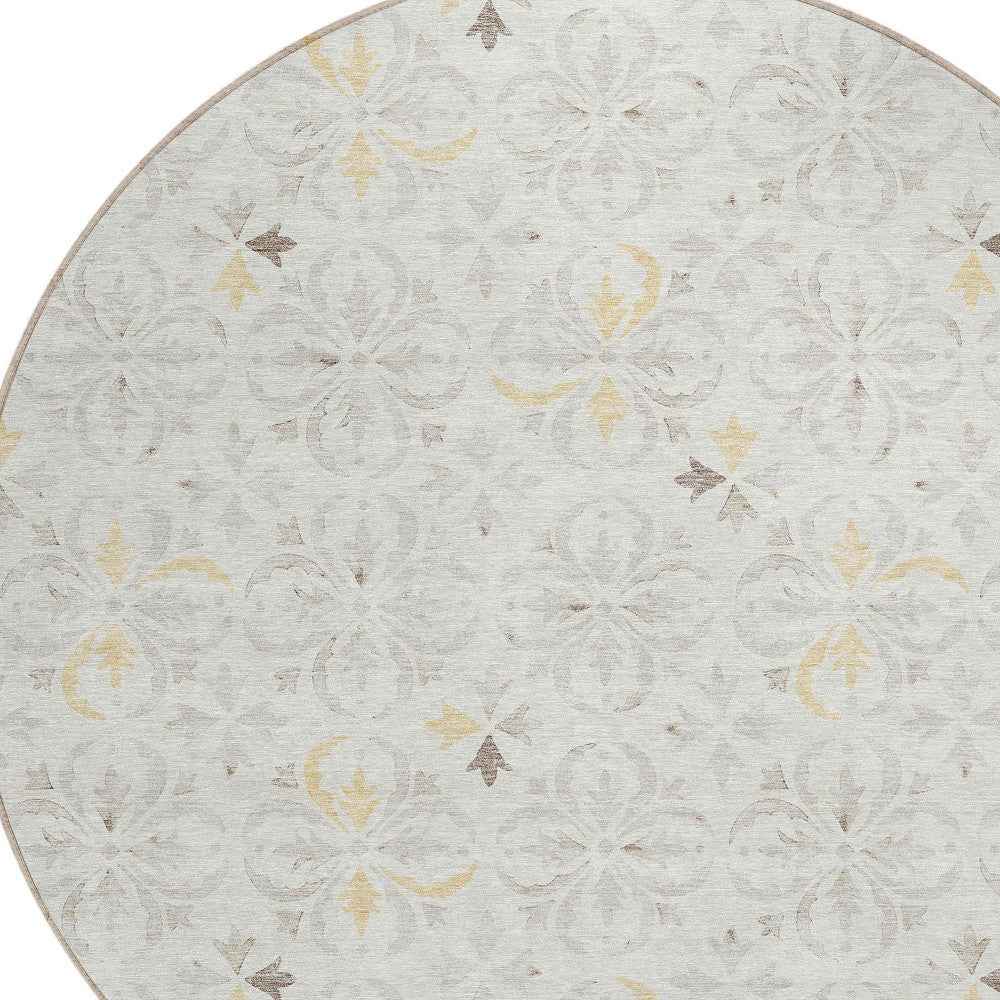 8' Ivory Gray And Gold Round Floral Washable Indoor Outdoor Area Rug