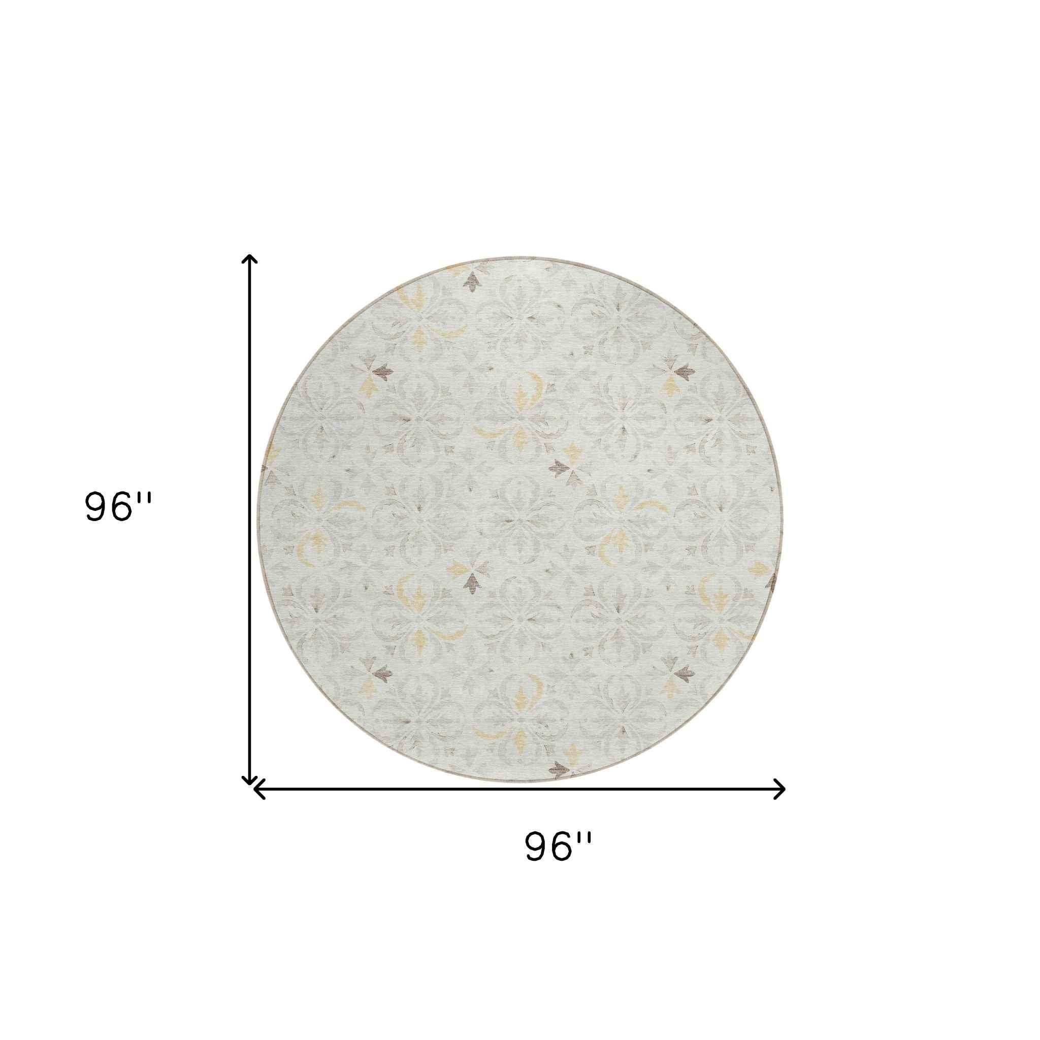 8' Ivory Gray And Gold Round Floral Washable Indoor Outdoor Area Rug