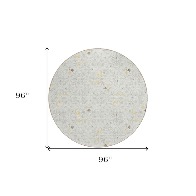 8' Ivory Gray And Gold Round Floral Washable Indoor Outdoor Area Rug