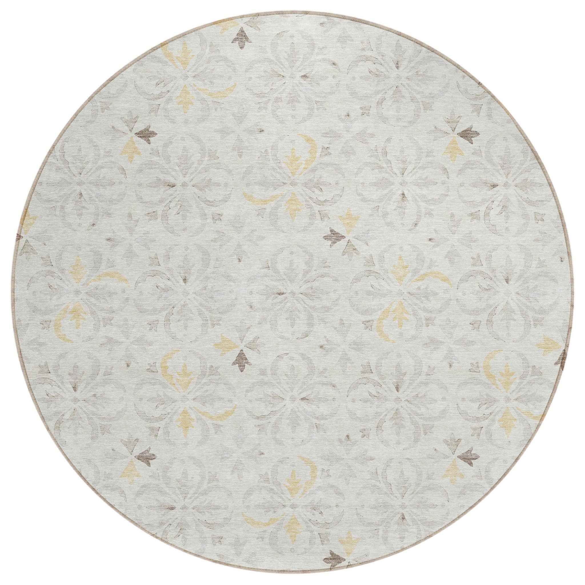 8' Ivory Gray And Gold Round Floral Washable Indoor Outdoor Area Rug