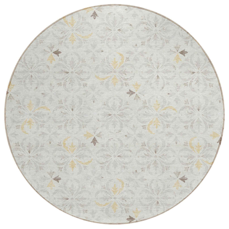 8' Ivory Gray And Gold Round Floral Washable Indoor Outdoor Area Rug
