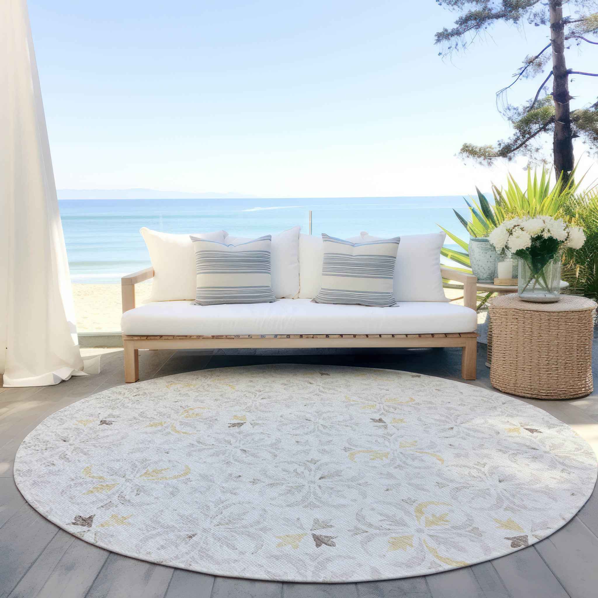 8' Ivory Gray And Gold Round Floral Washable Indoor Outdoor Area Rug