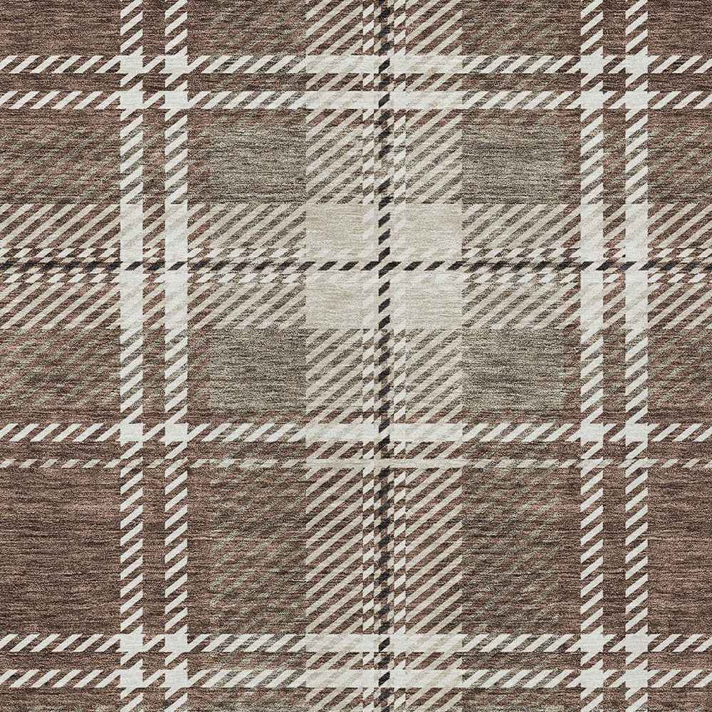 5' X 8' Brown Black And Ivory Plaid Washable Indoor Outdoor Area Rug