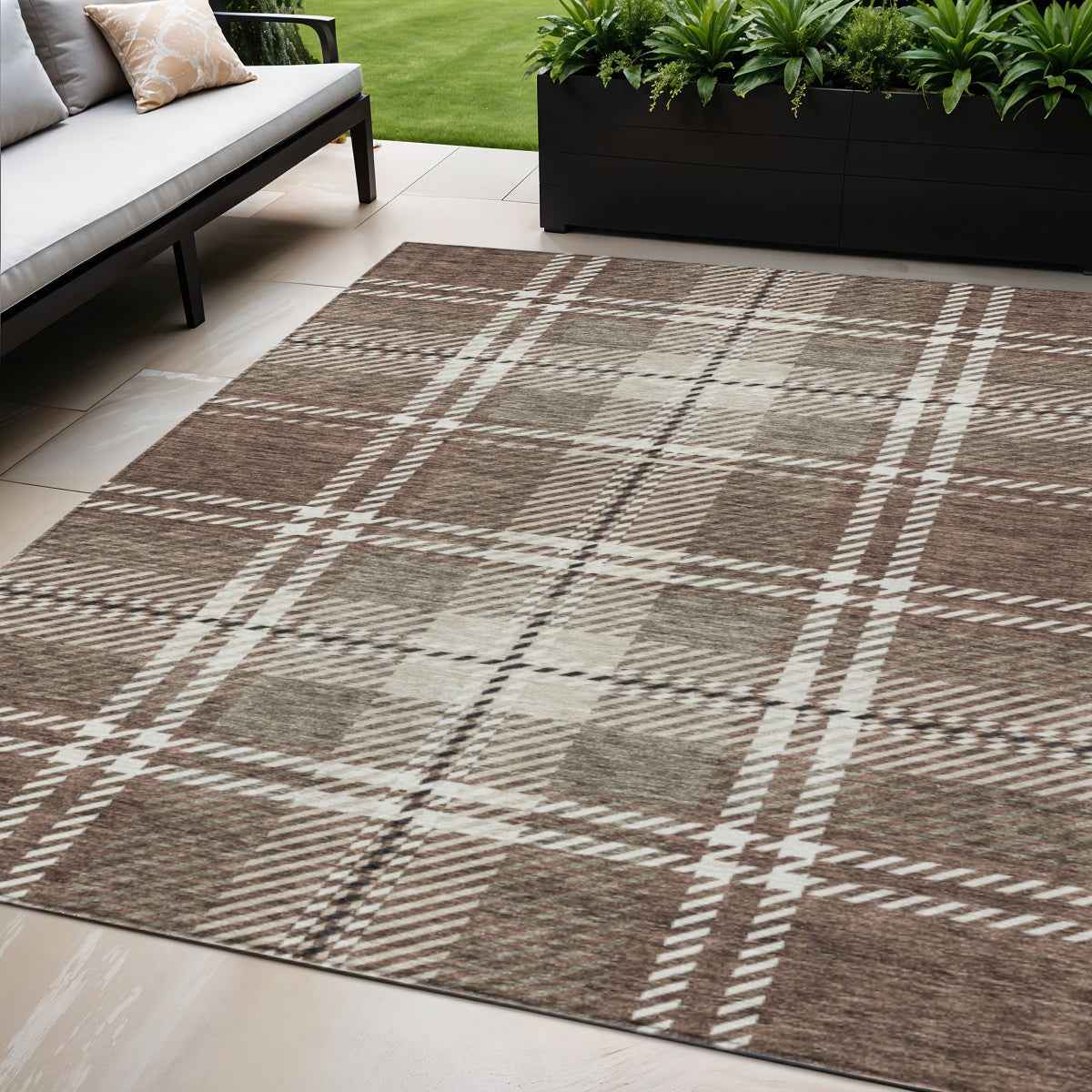 5' X 8' Brown Black And Ivory Plaid Washable Indoor Outdoor Area Rug